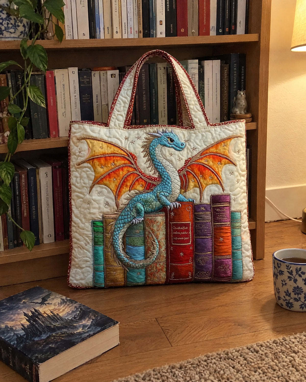Sac artisanal - Dragon parmi les livres