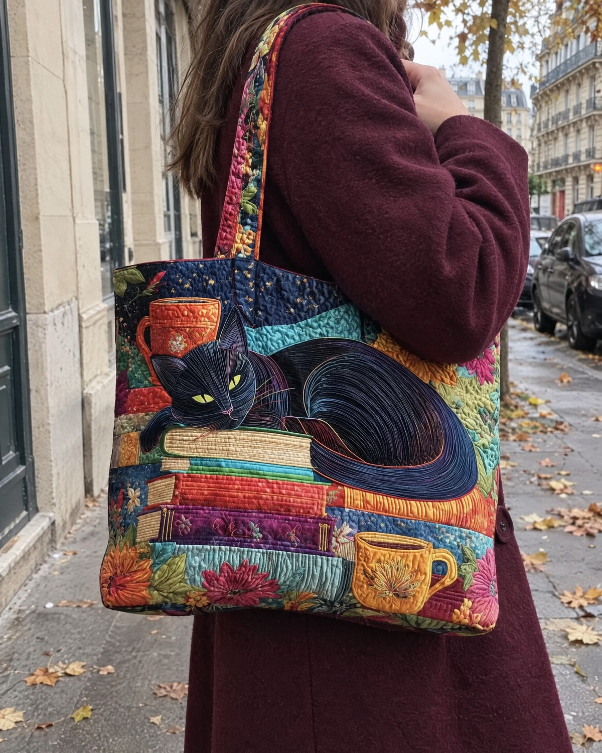 Sac artisanal - Chat noir et livres