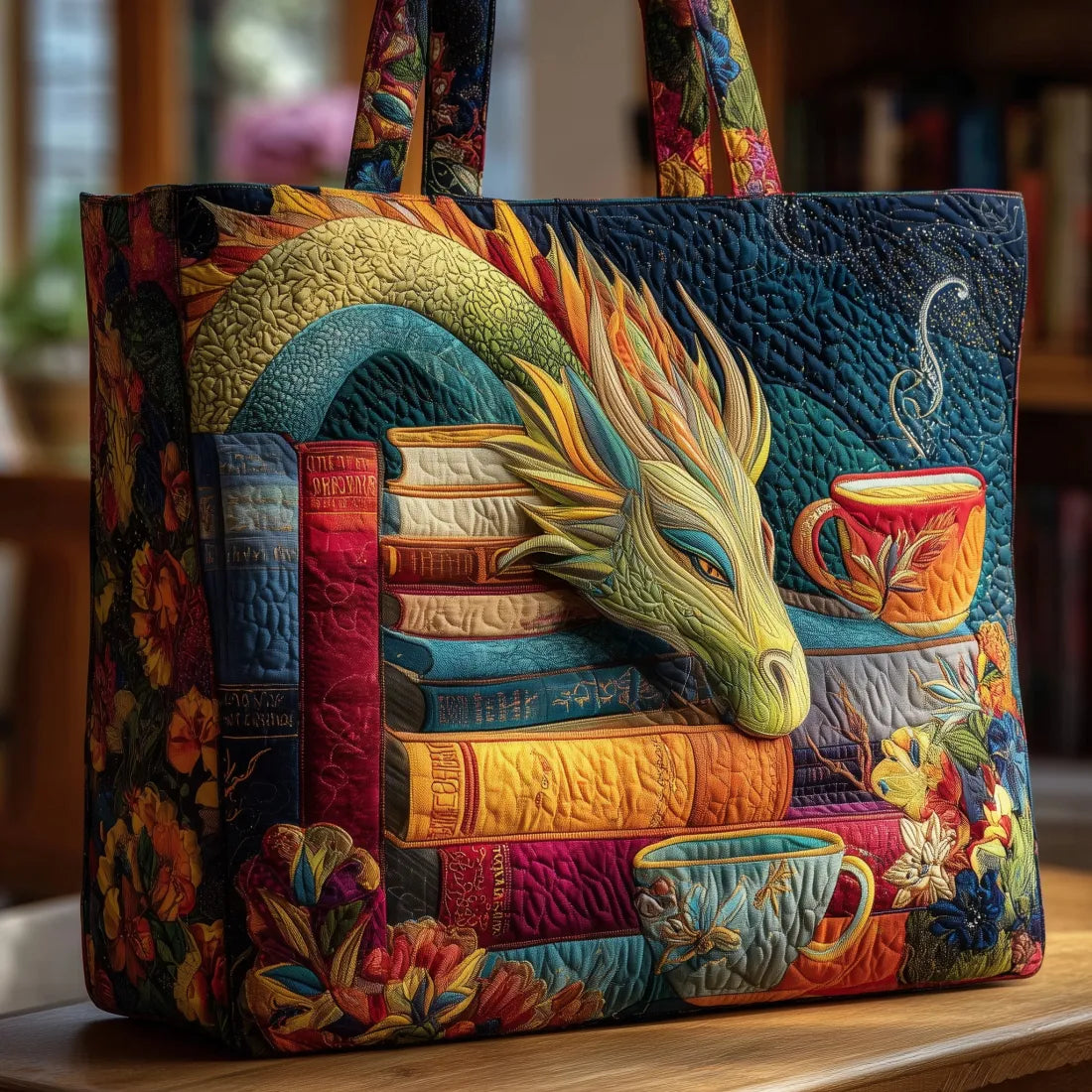 Sac artisanal - Dragon avec livres et tasses