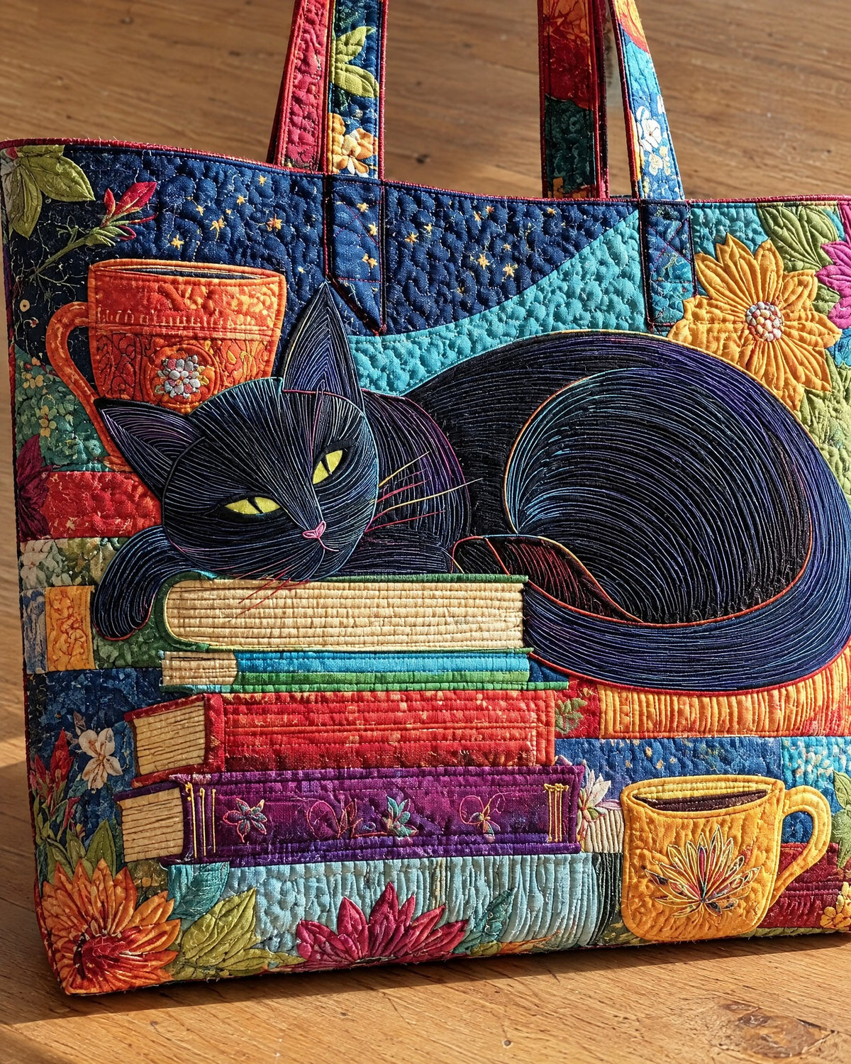 Sac artisanal - Chat noir et livres