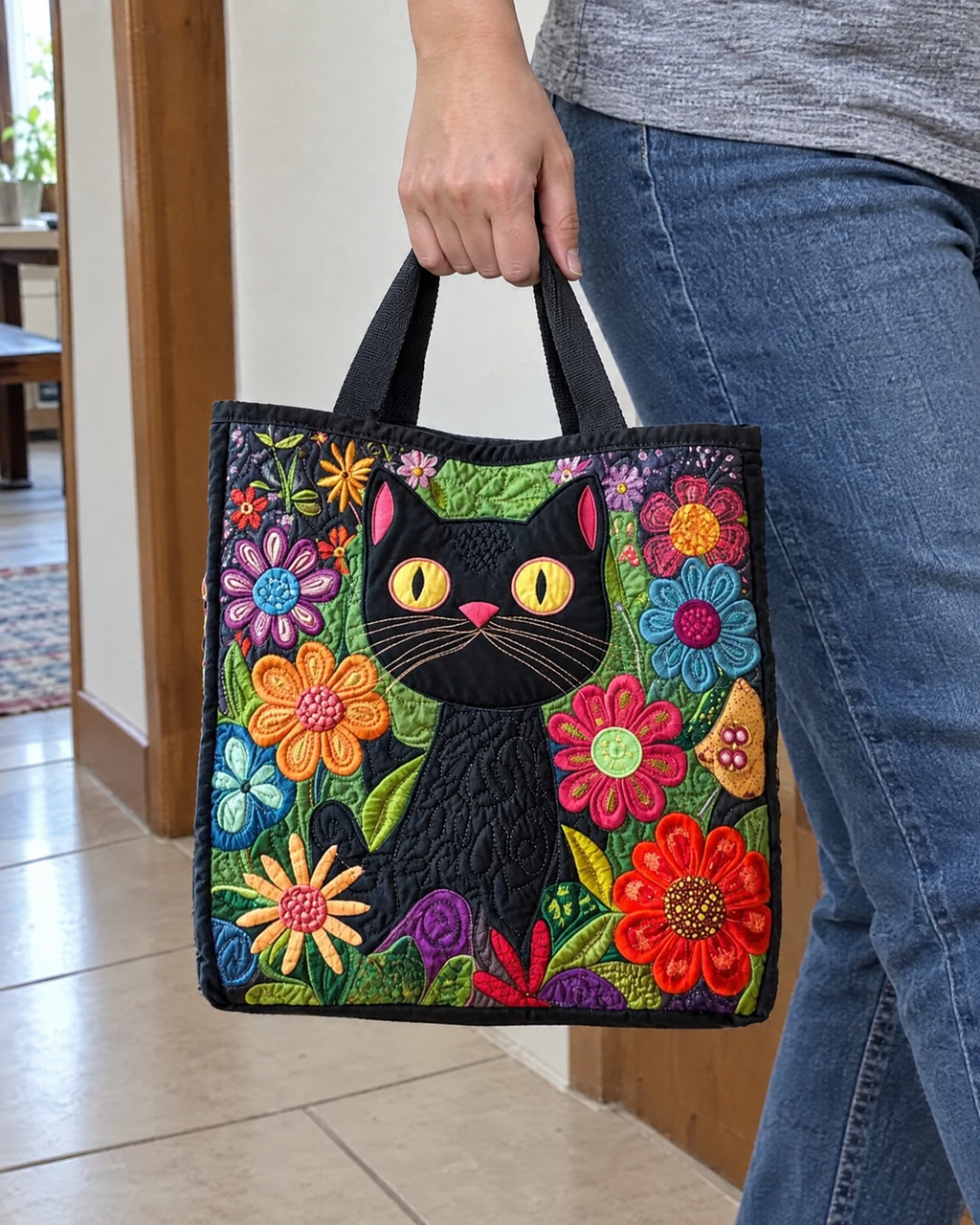 Sac artisanal - Chat parmi les fleurs