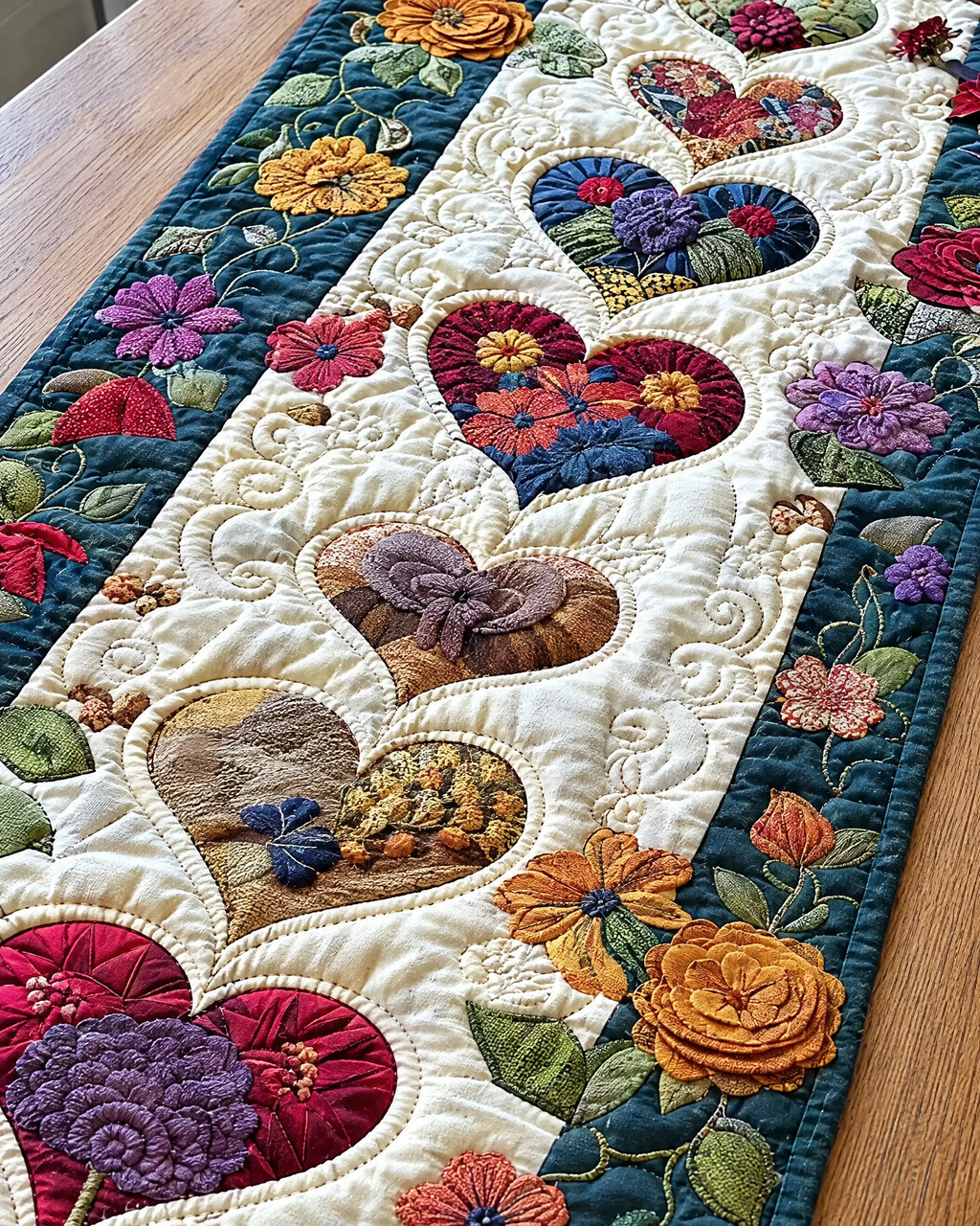 Chemin de table - Motif floral et cœurs