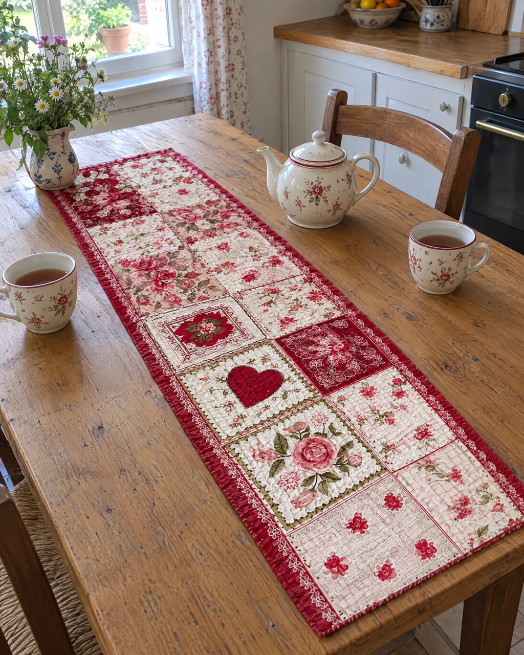Chemin de table - Cœurs et roses